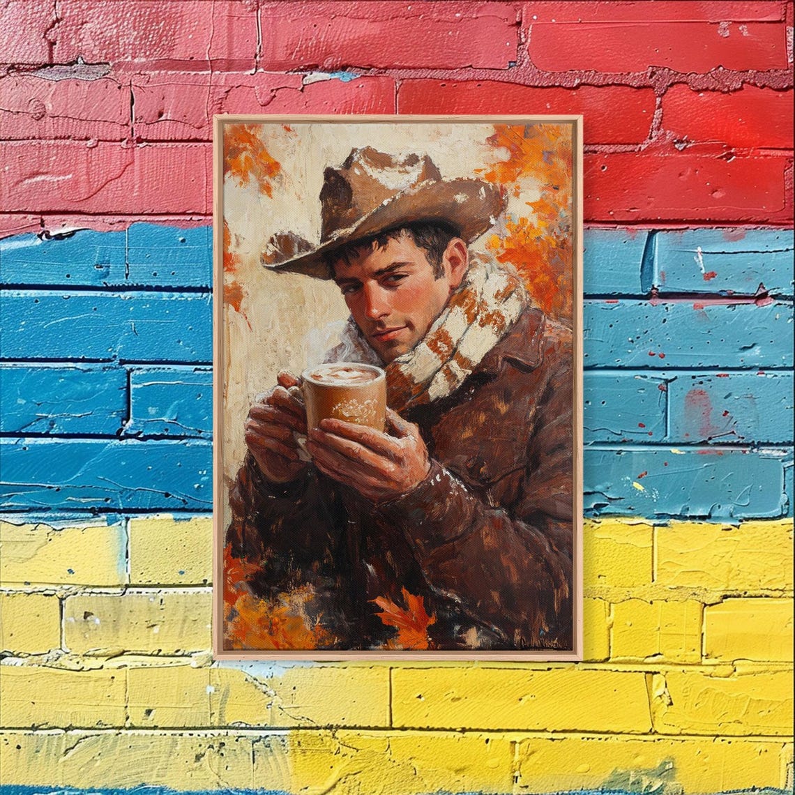 Young Cowboy Holding Steaming Mug Snow Dusted Hat Autumn Warm Poster - Image 4