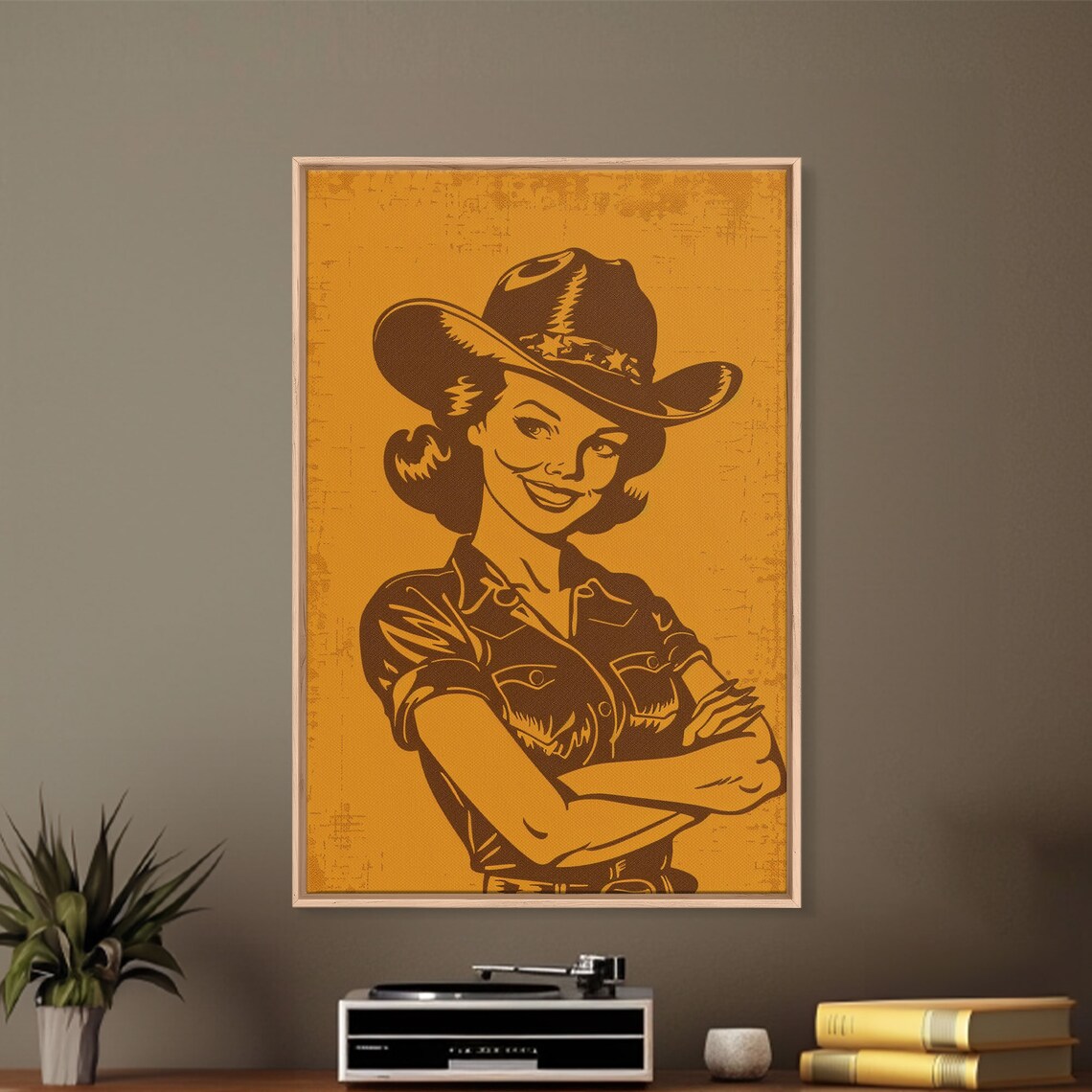 Retro Cowgirl Illustration In Mustard Yellow Vintage Style Poster - Image 2