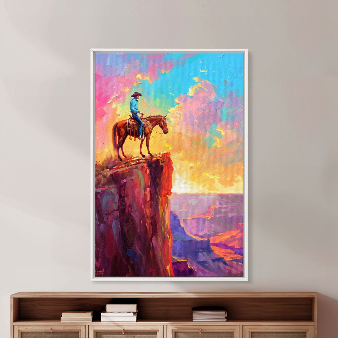 Cowboy On Horse At Sunrise Colorful Western Landscape Painting Sunrise Wall Art Living Room Decor Cowboy Print - Image 3