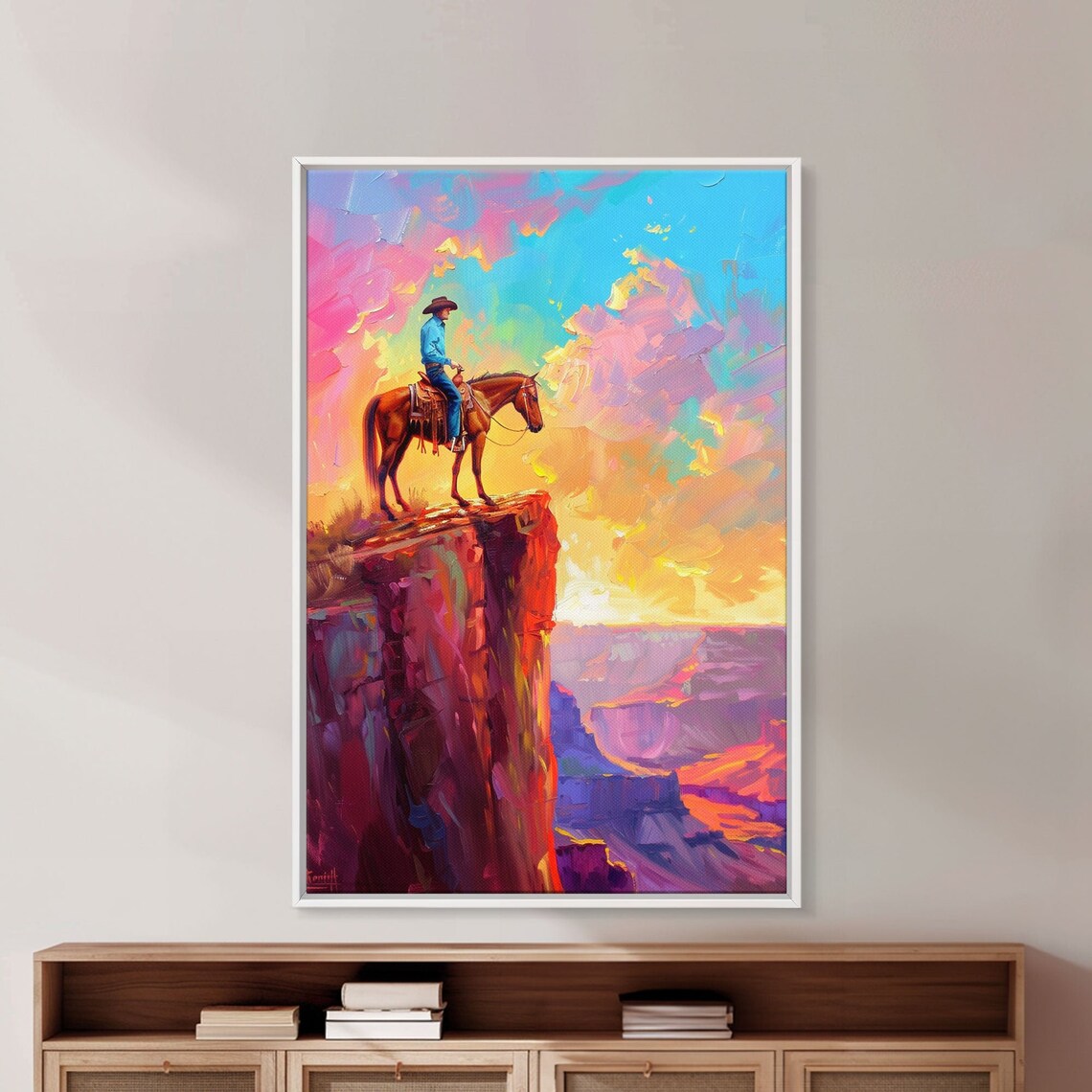 Cowboy On Horse At Sunrise Over Canyon In Pink And Gold Art Poster - Image 3