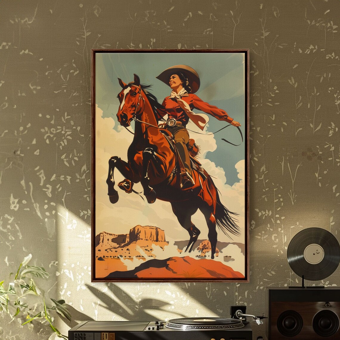 Vintage Cowgirl Riding Rearing Horse Desert Mesa Ranch Poster - Image 3