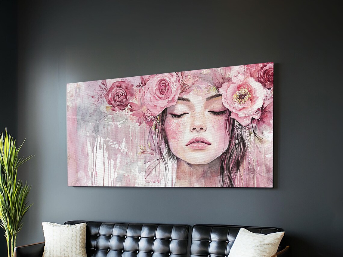 Feminine Goddess Portrait With Pink Roses Watercolor Dreamy Art Poster - Image 6