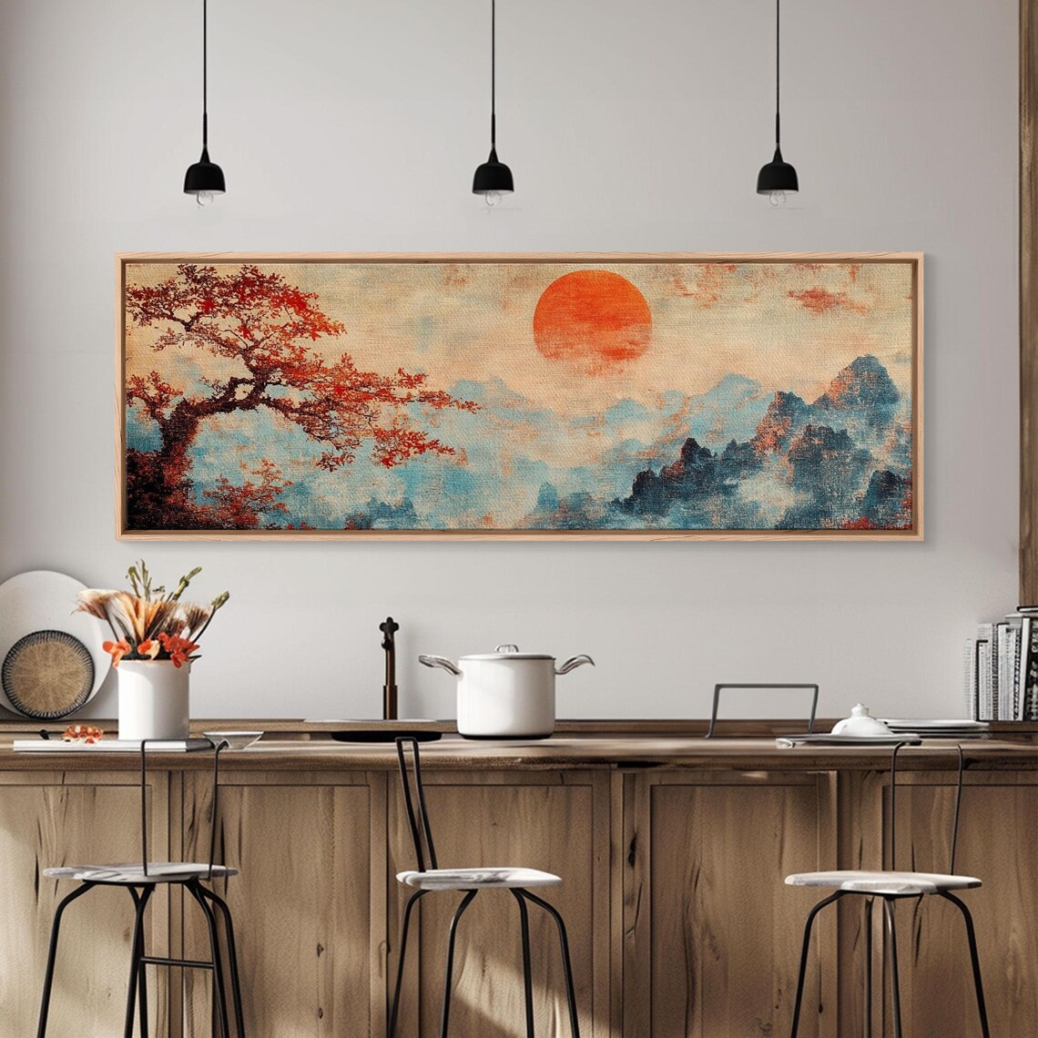 Japanese Maple Tree at Sunset, Vintage Woodblock Print