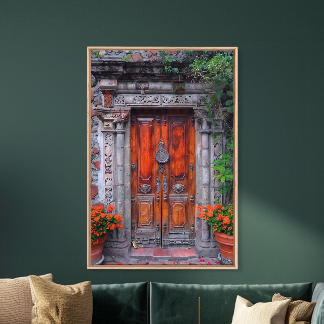 Weathered Wooden Double Door Orange Marigolds Stone Facade Art Poster - Image 4