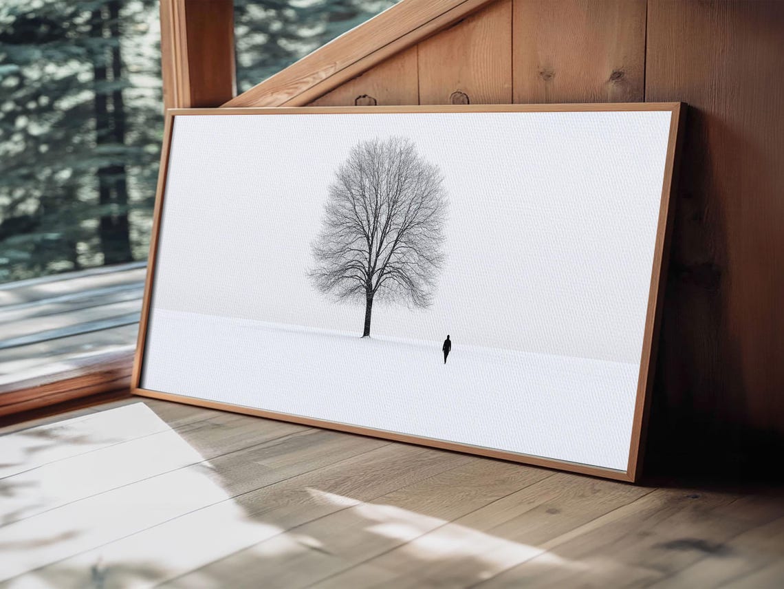 Lone Bare Tree Winter Snowfield Minimalist Serene White Art Poster - Image 2