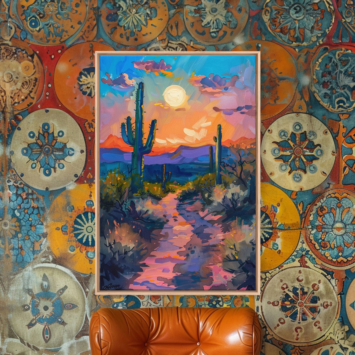 Colorful Desert Sunset With Saguaro Cacti Impressionist Art Poster - Image 2