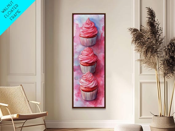 Pink Cupcake Trio Print Whimsical Kitchen Art Rustic Light Pink Wall Art Food Review Vertical Artwork Gift Idea For Her