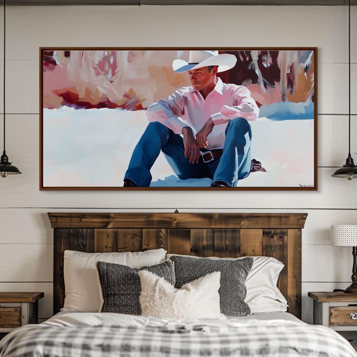 Cowboy In A White Hat And Pink Shirt Sitting In The Snow Art Print
