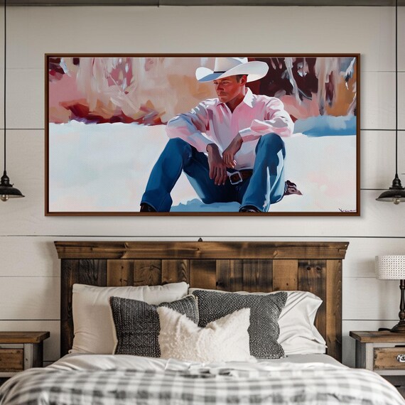 Cowboy In A White Hat And Pink Shirt Sitting In The Snow Art Print