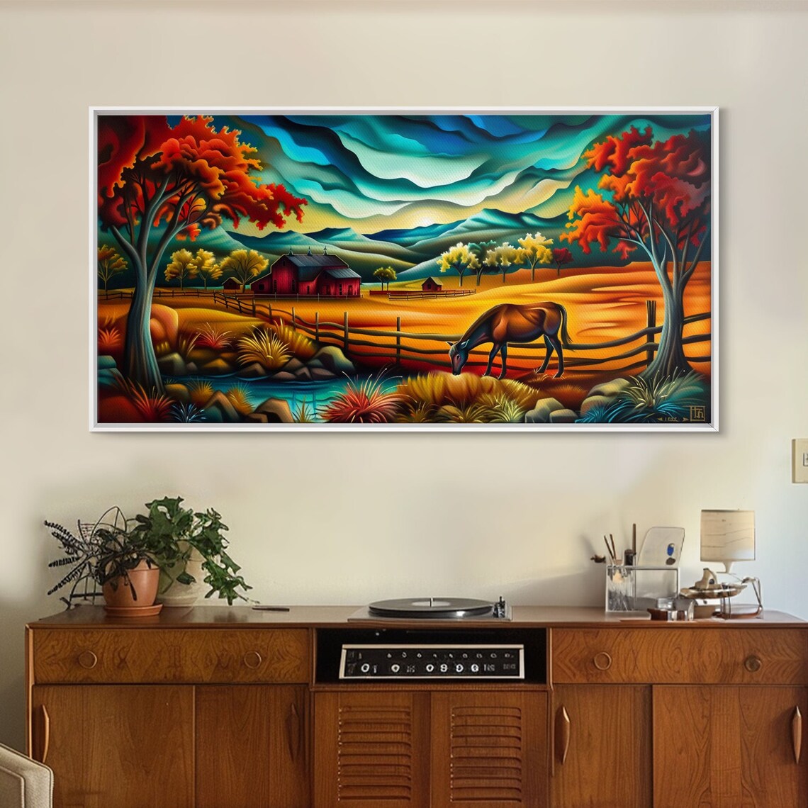 Grazing Horse By Pond Autumn Farm Red Barns Colorful Folk Art Poster - Image 5