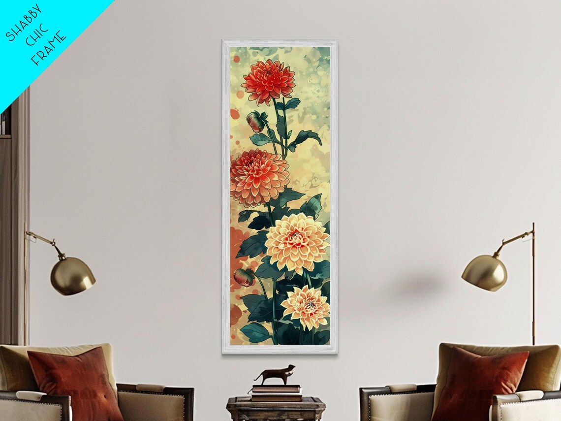 Vibrant Dahlia Flowers Red Orange Cream Tall Japanese Art Poster - Image 4