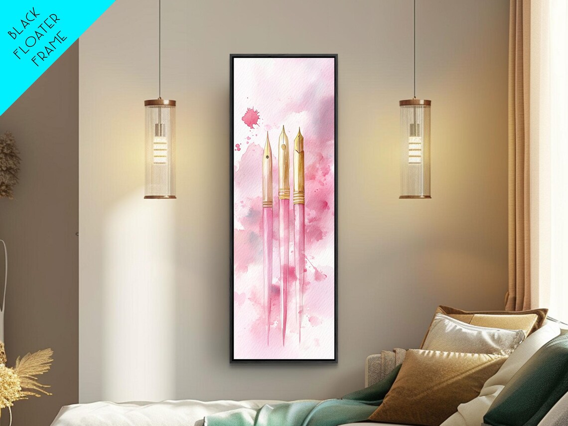 Pink Fountain Pens With Gold Nibs Watercolor Writer Office Wall Art - Image 5