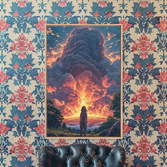 Anime Printed Wall Art Anime Art Print With Volcanic Eruption Volcano Landscape Wall Art Anime Wall Decor Fantasy Art Print