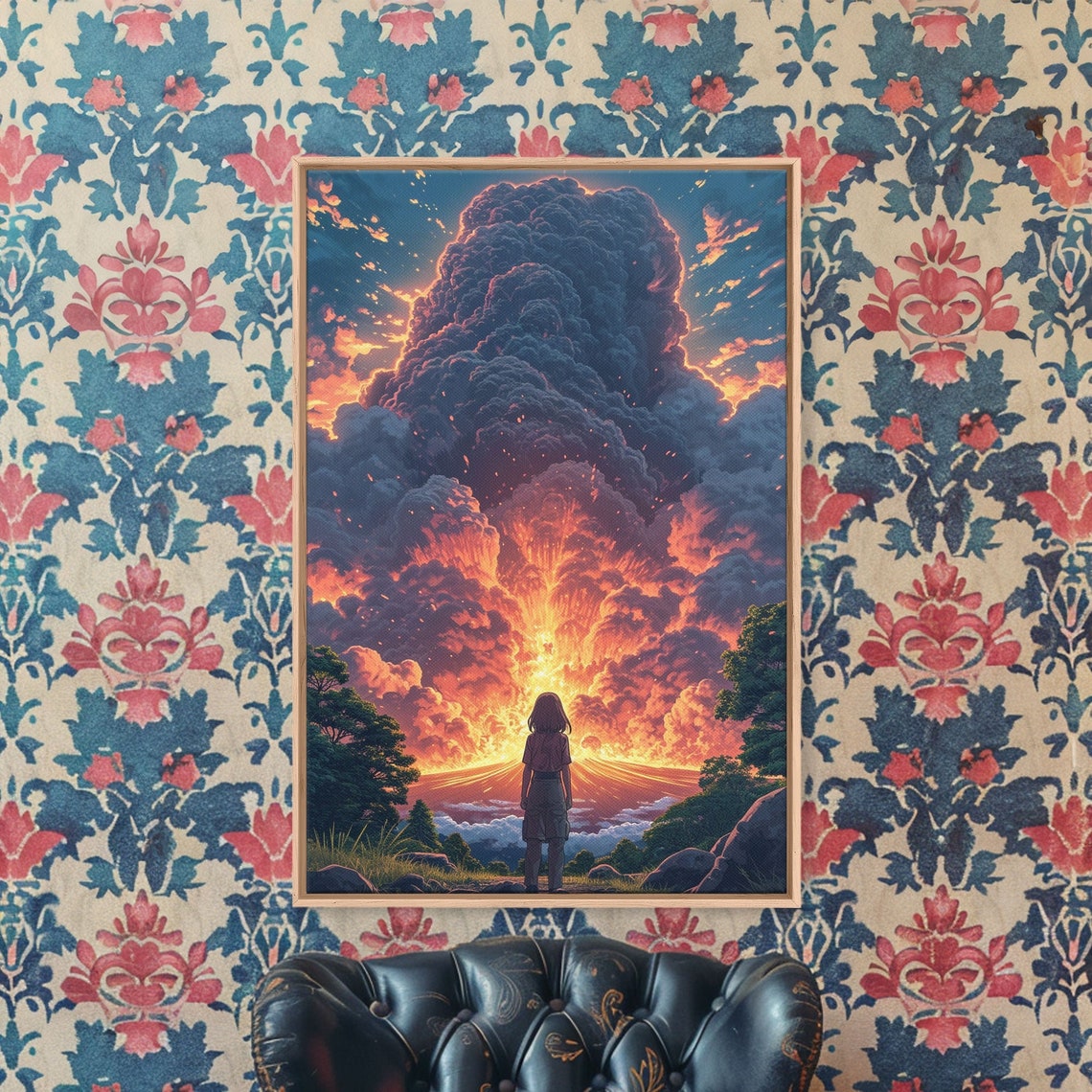 Mount Fuji Eruption Anime Style Dramatic Sunset Volcano Poster
