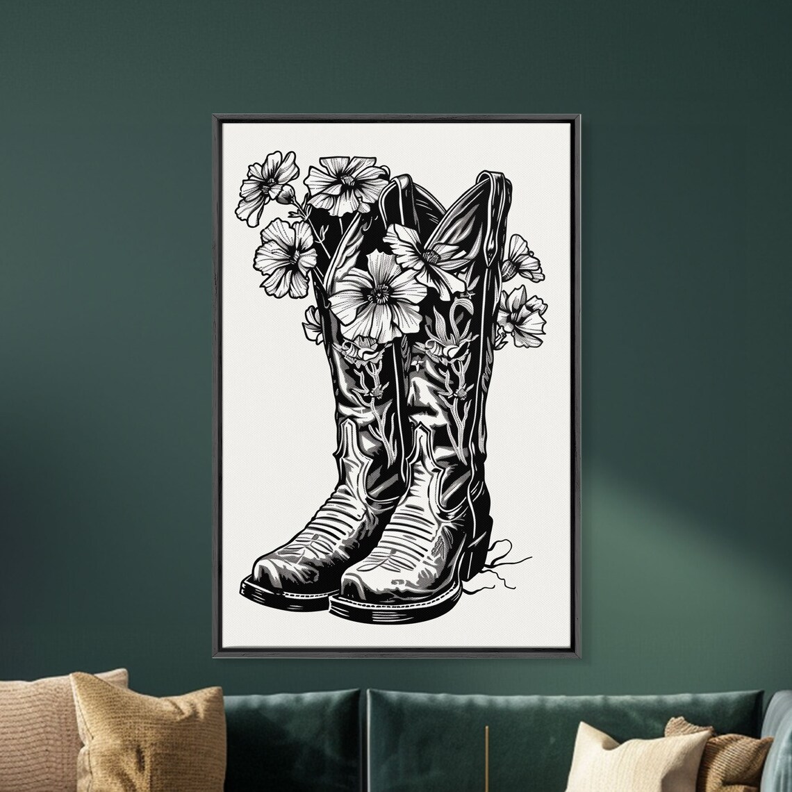 Vintage Floral Cowboy Boots Black White Line Art Wall Poster - Image 4