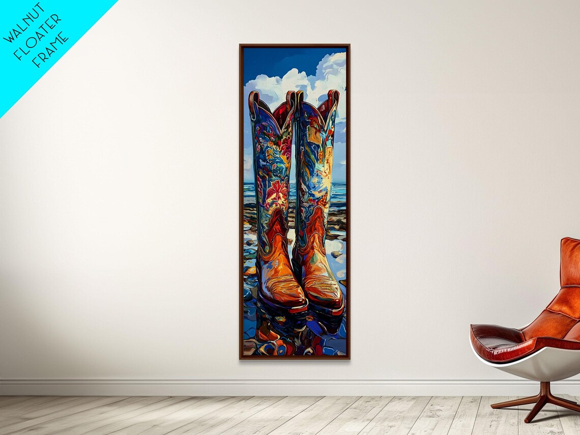 Painted Floral Cowboy Boots On Ocean Beach Western Decor Poster - Image 3