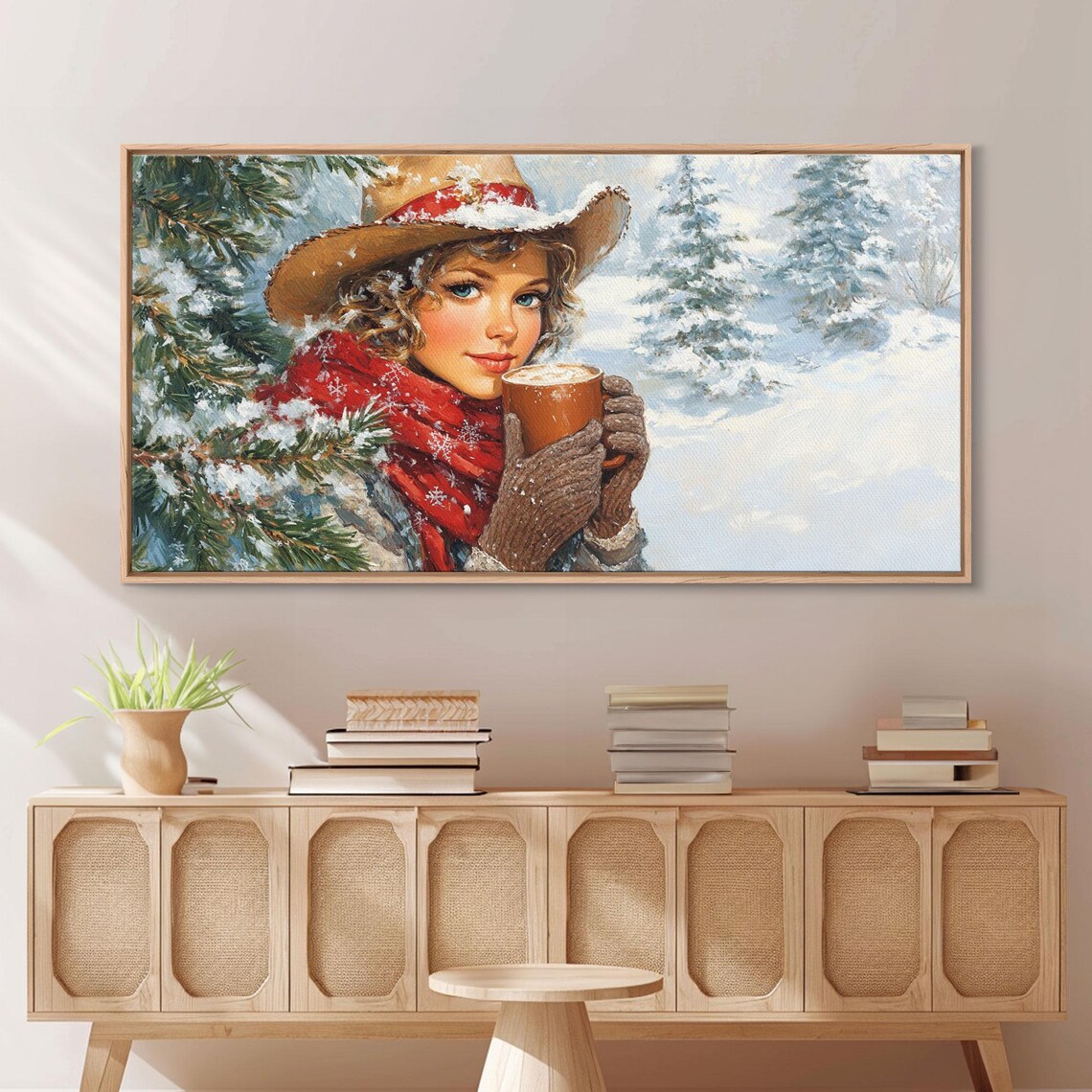 Young Cowgirl Sipping Cocoa In Snowy Pine Forest Winter Cozy Poster - Image 3