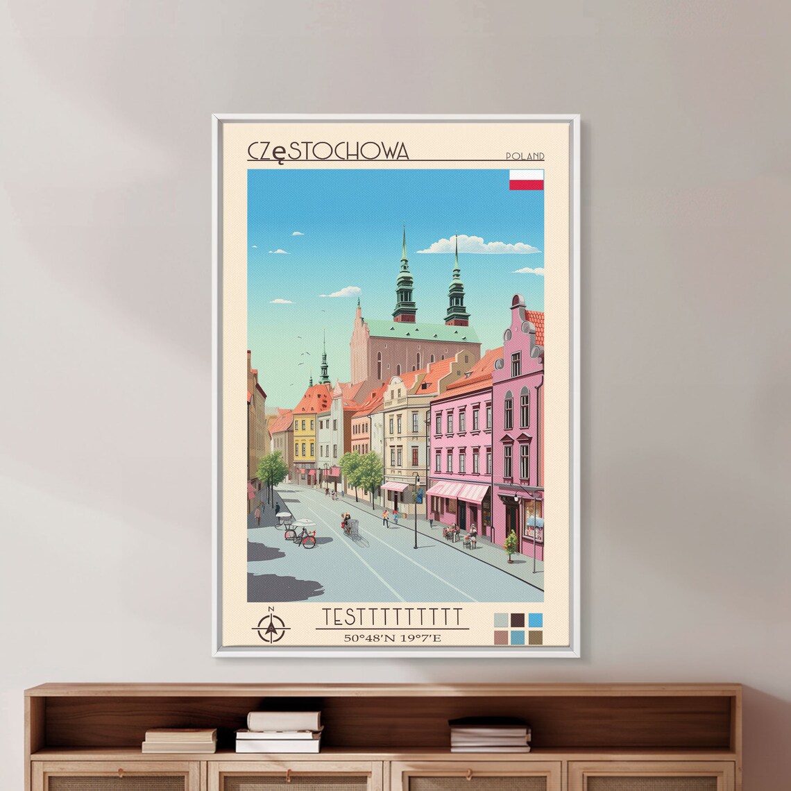 Czestochowa Poland Twin Spire Church Sunny Street Scene Travel Poster - Image 3