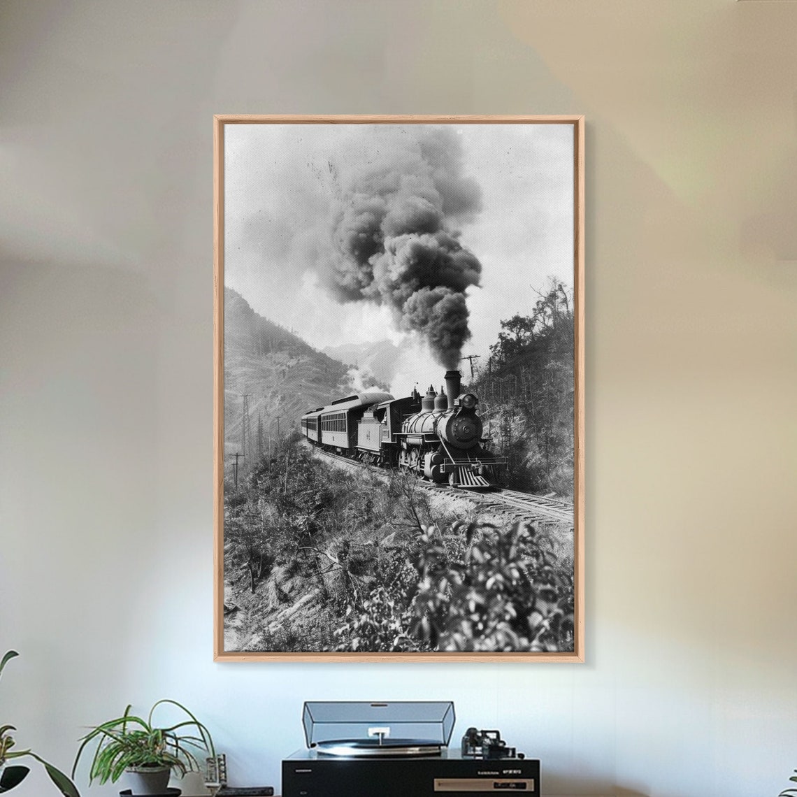 Vintage Train In Motion Black And White Photography Framed Print Railroad Art Rustic Train Wall Art For Home Decor - Image 5
