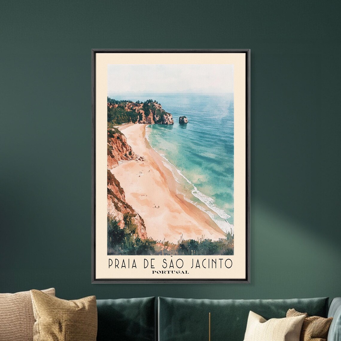 Praia de Sao Jacinto Portugal Aerial Beach View Cliffs Turquoise Sea Watercolor Poster - Image 5