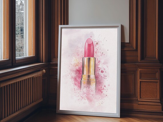 Pink Lipstick In Gold Tube Watercolor Feminine Beauty Wall Art Print