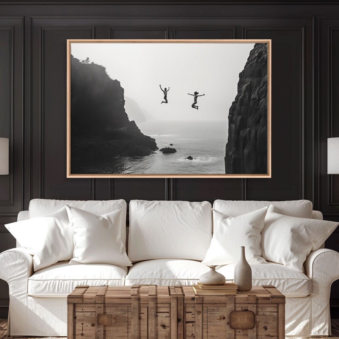 Black White Cliff Jumpers Ocean Mist Dramatic Minimalist Seascape Photography Print - Image 4