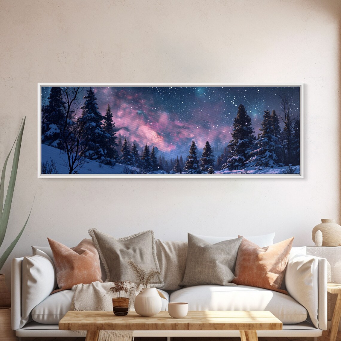 Starry Purple Night Sky Over Snowy Pine Forest Winter Wonderland Poster - Image 5