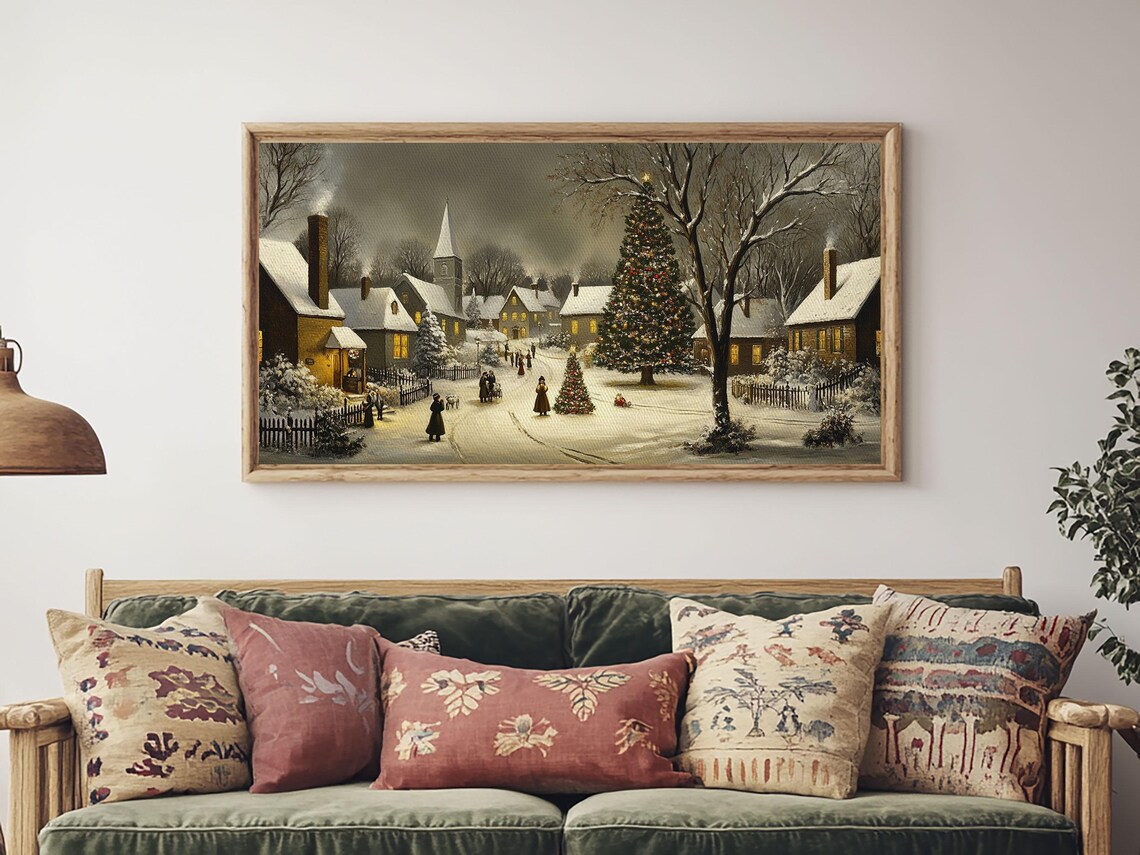 Victorian Christmas Village Night Snowy Church Tree Painting Print - Image 4