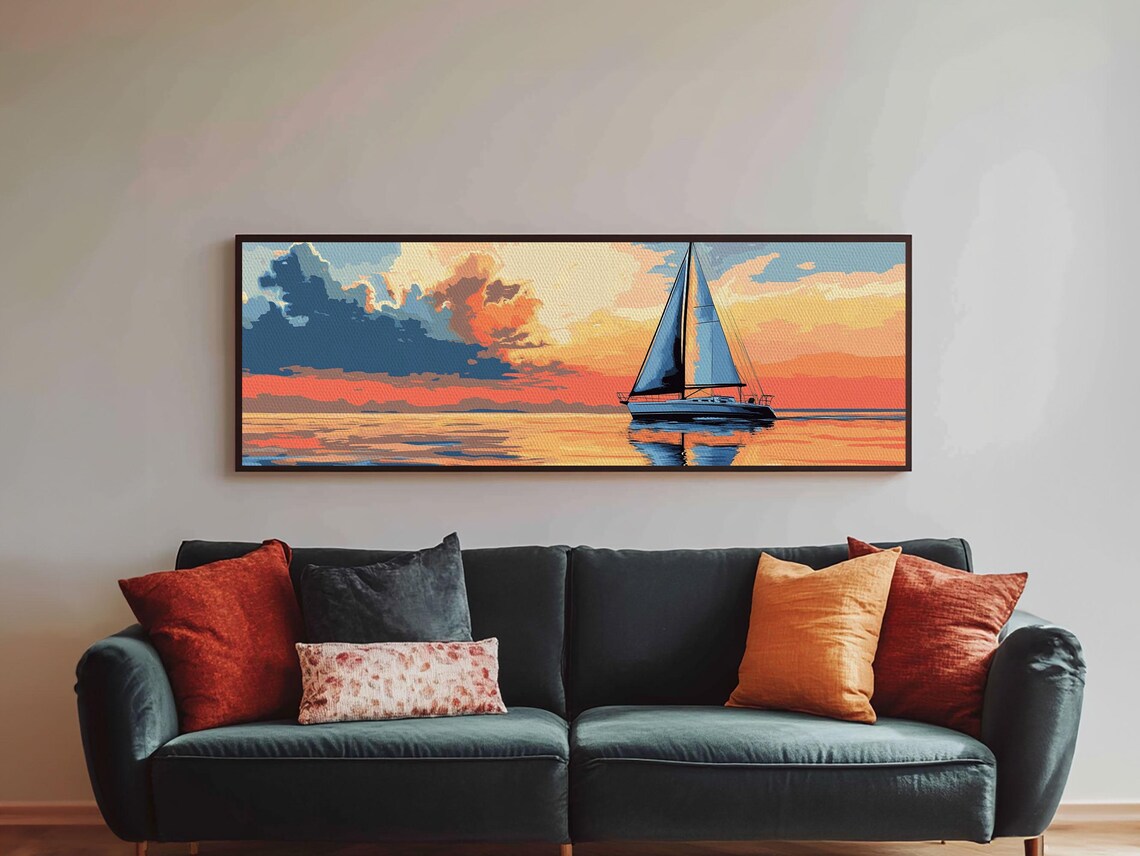 Retro Sailboat Sunset Pop Art Seascape Painting Calm Ocean Golden Sky Poster - Image 6