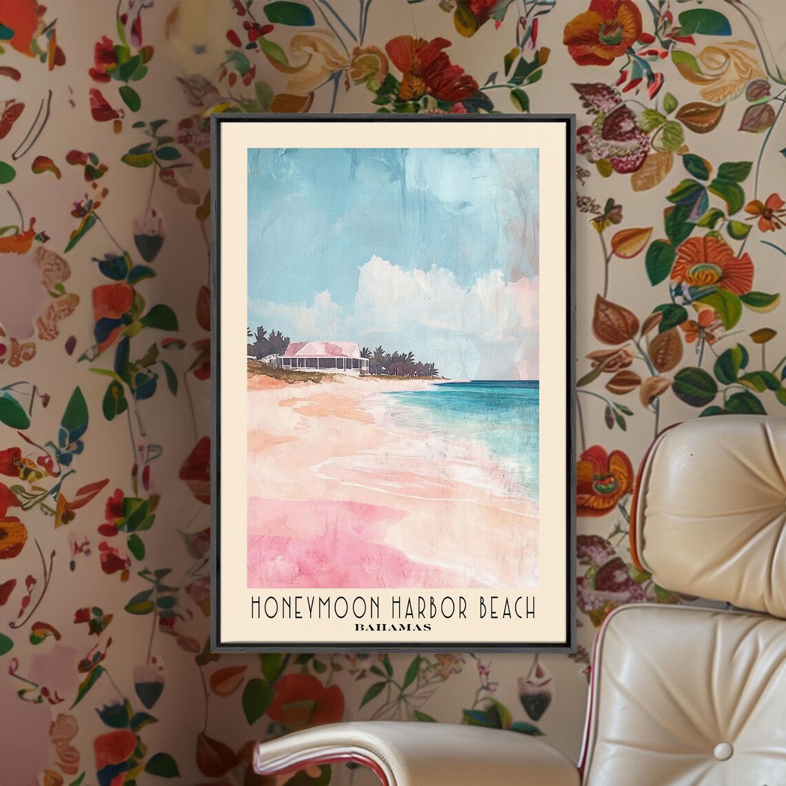 Honeymoon Harbor Beach Bahamas Pink Sand Resort Watercolor Poster - Image 2