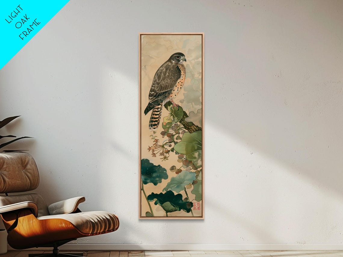 Majestic Hawk Perched Among Green Foliage Vintage Japanese Wall Art - Image 3