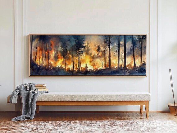 Watercolor Painting Print Of A Forest On Fire Extra Wide Horizontal Art Forest Fire Painting California Wall Art