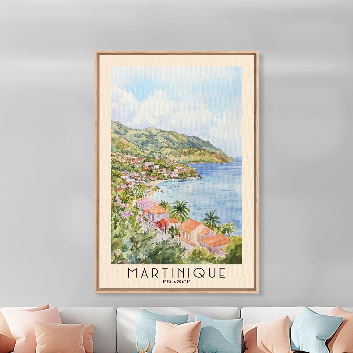 Martinique France Colorful Coastal Town Green Hills Bay Watercolor Poster - Image 3