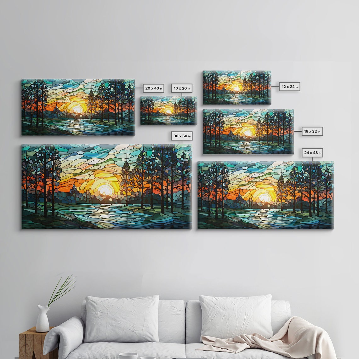 Stained Glass Sunset Over Water Through Trees Panoramic Art Poster - Image 2