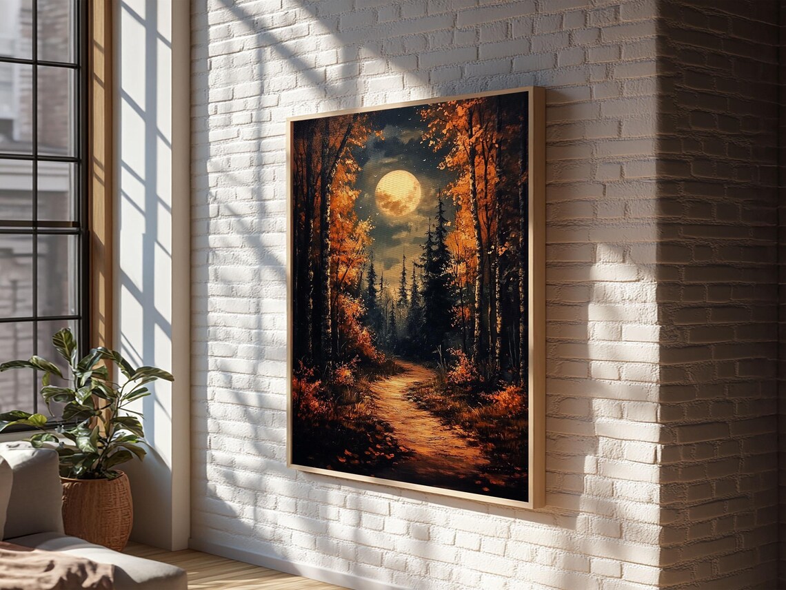 Haunted Autumn Forest Full Moon Path Spooky Eerie Night Halloween Art Poster - Image 3