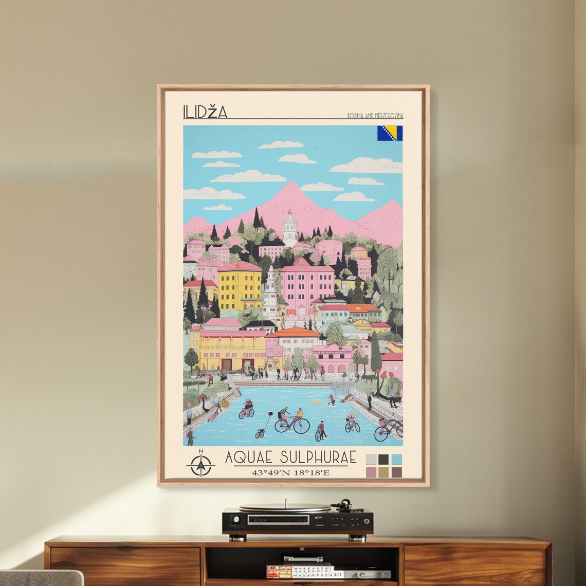 Ilidza Bosnia Spa Town Thermal Pools Cyclists Pink Mountains Poster - Image 2