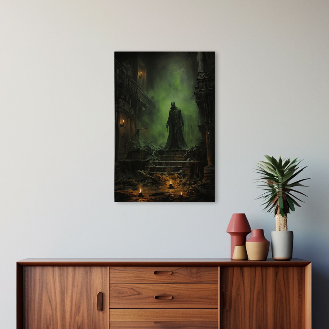 Dark Fantasy Cloaked Figure In Ruined Cathedral Green Fog Horror Poster - Image 3