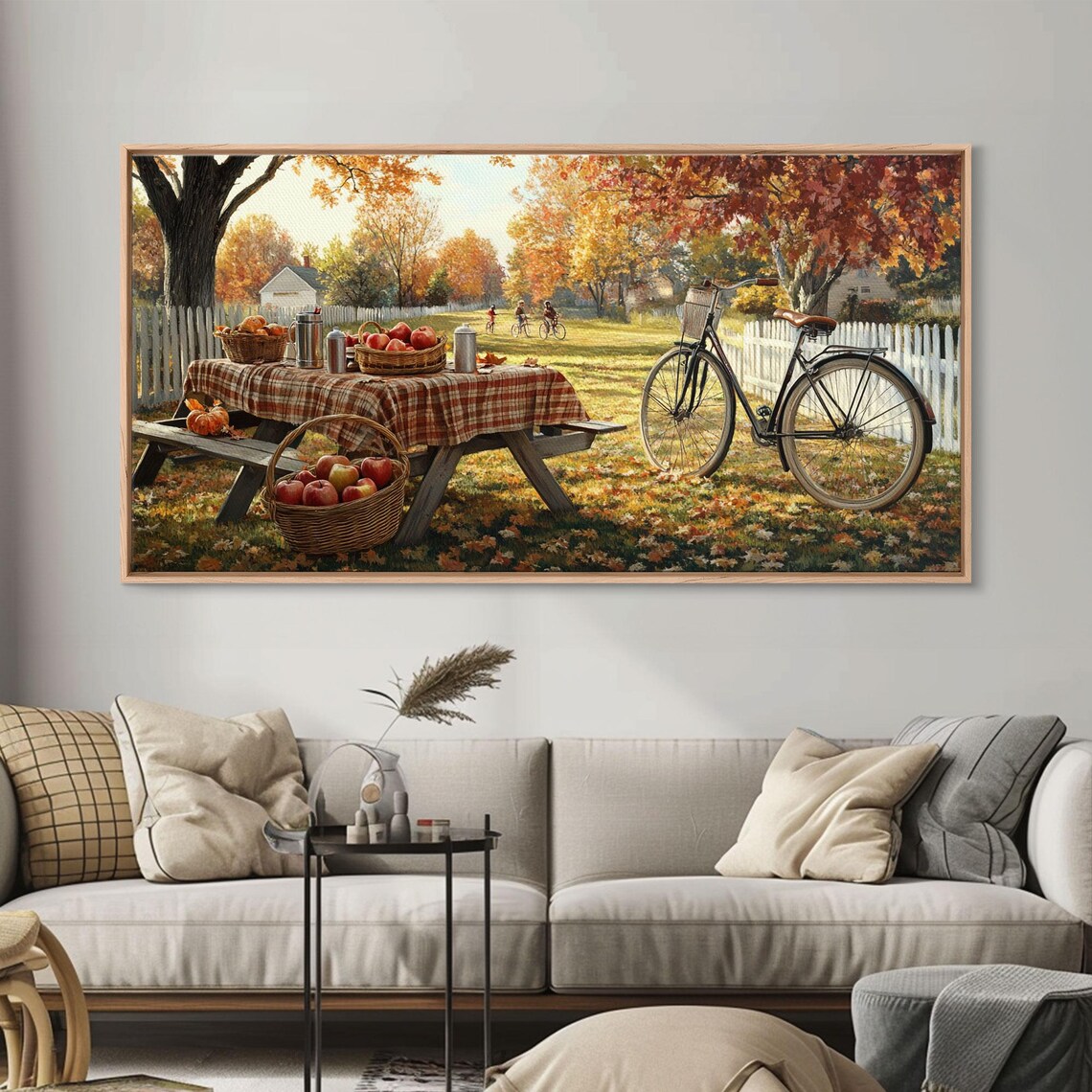 Autumn Apple Orchard Picnic Plaid Tablecloth Vintage Bike Wall Art