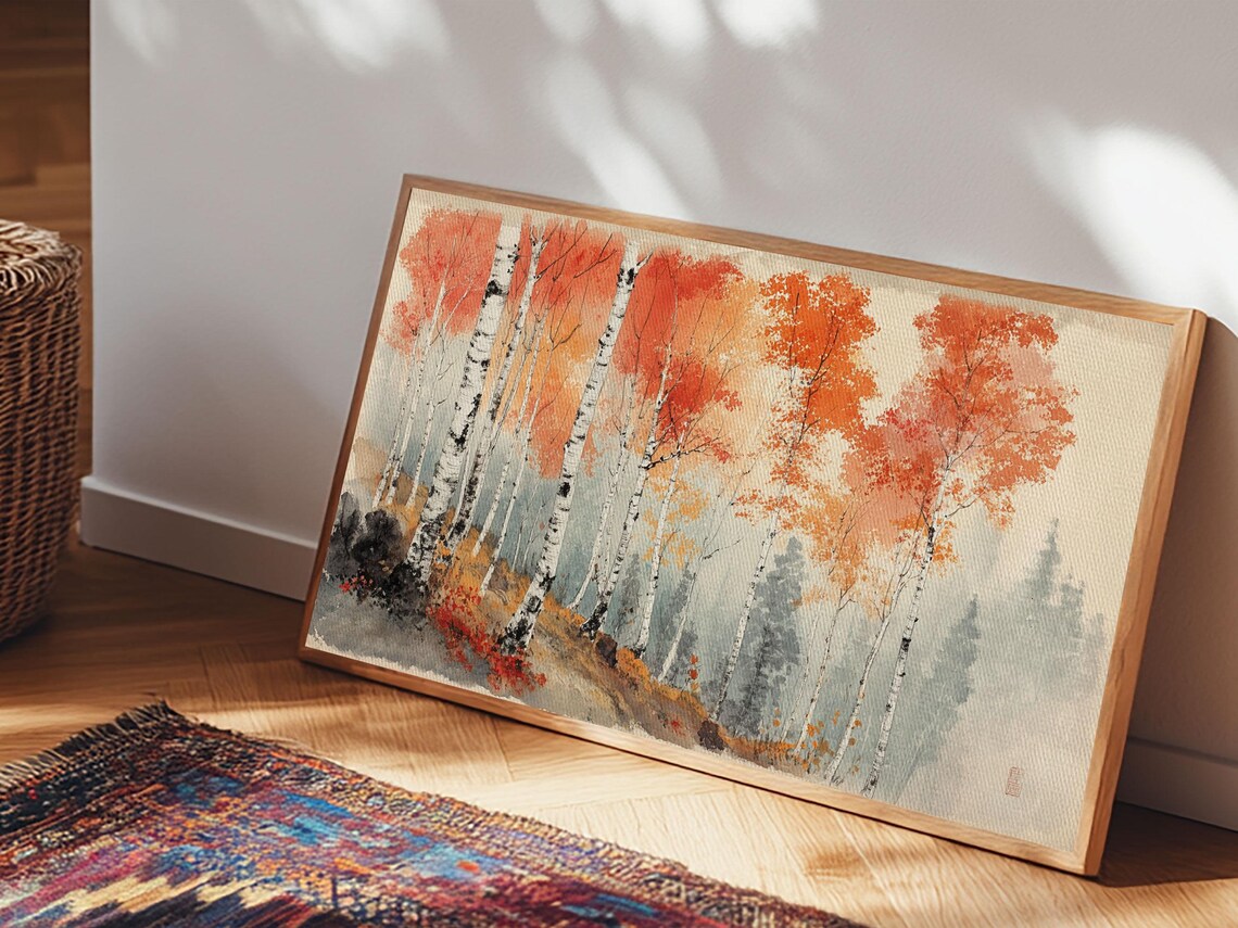 Autumn Birch Forest Orange Foliage Watercolor Landscape Painting Print - Image 6