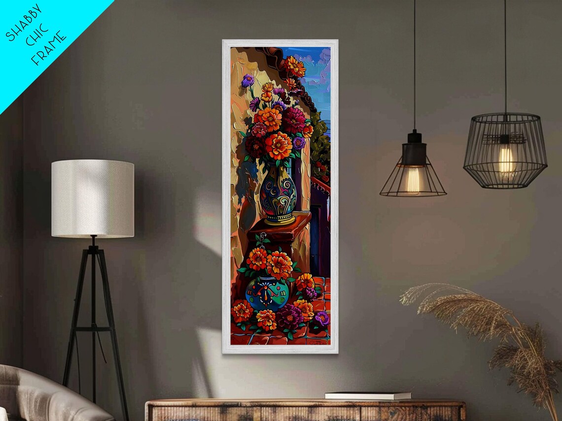 Mexican Talavera Vase Zinnia Flowers Courtyard Impasto Wall Art Poster - Image 4