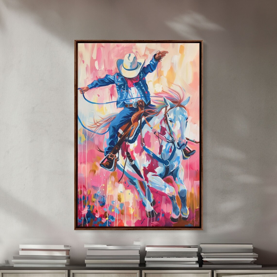 Cowboy Riding Horse In Vibrant Pink Blue And Orange Rodeo Art Poster - Image 3