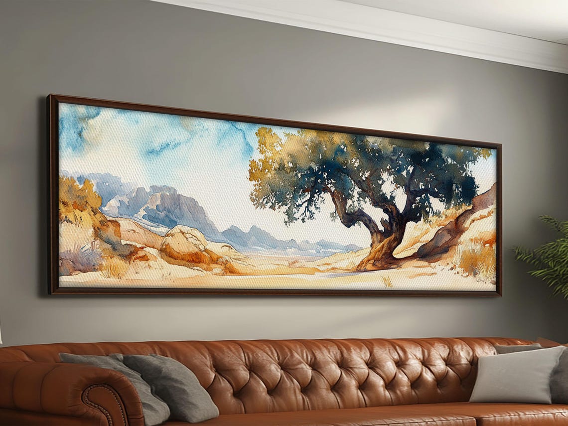 Desert Tree Rocky Hillside Watercolor Panoramic Minimalist Wall Poster - Image 4