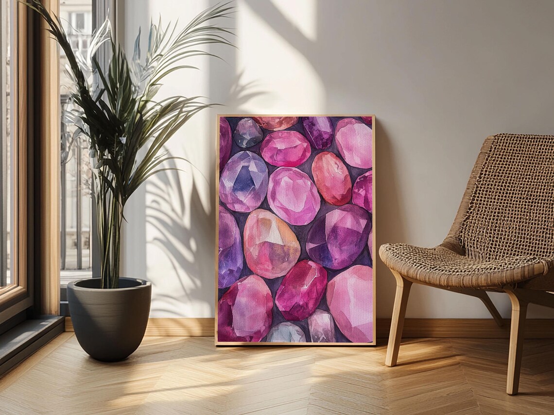 Vibrant Pink Gemstone Faceted Crystal Watercolor Art Wall Poster - Image 3