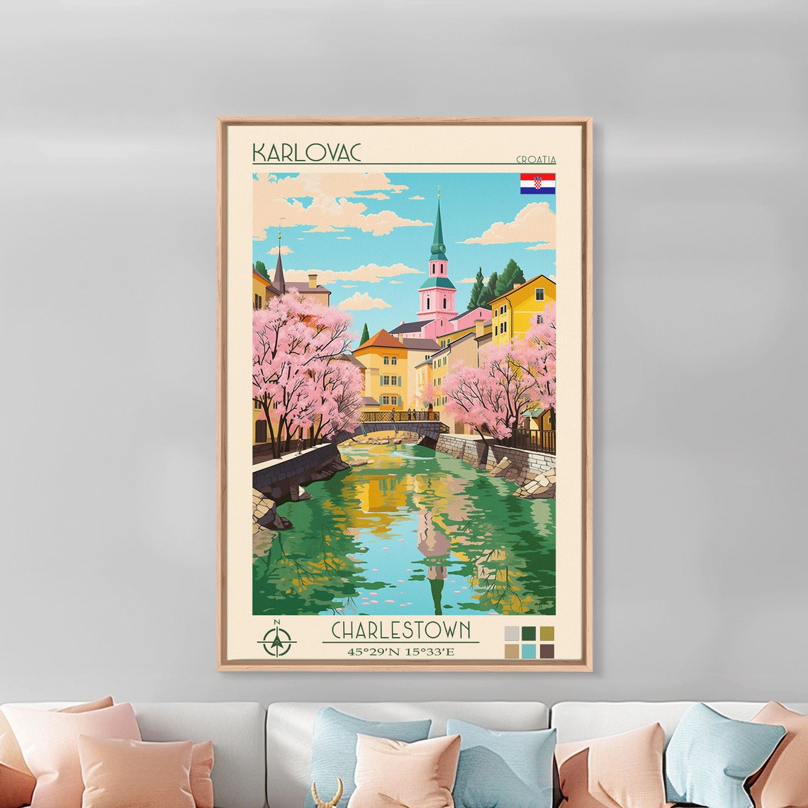 Karlovac Croatia Riverside Bridge Blossom Trees Spring View Poster - Image 3