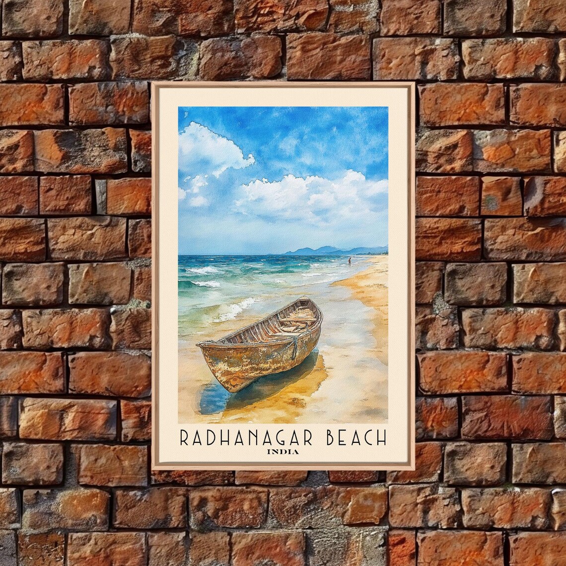 Radhanagar Beach India Weathered Wooden Boat Sandy Beach Blue Sea Watercolor Poster - Image 4