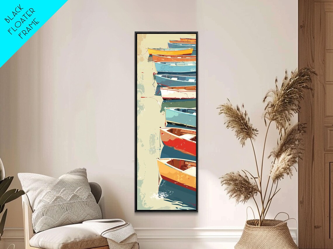 Row Of Colorful Boats On Calm Water Reflections Nautical Tall Wall Art - Image 5