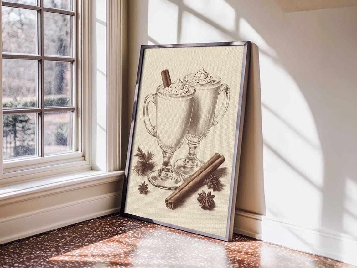 Vintage Eggnog Mugs Whipped Cream Sketch Holiday Drink Poster Art