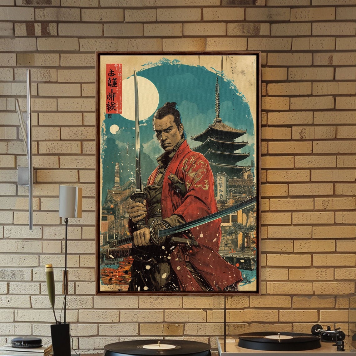 Japanese Samurai Poster in Red Robe with Katanas Before Pagoda Moon - Image 4
