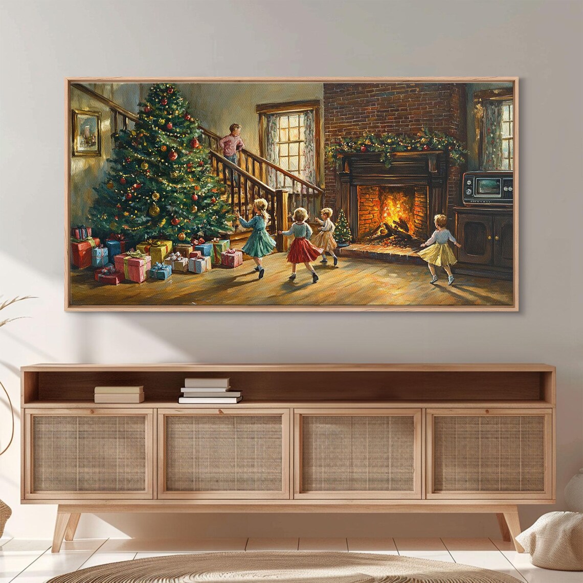Children Dancing Christmas Tree Fireplace Gifts Vintage Wall Art - Image 2