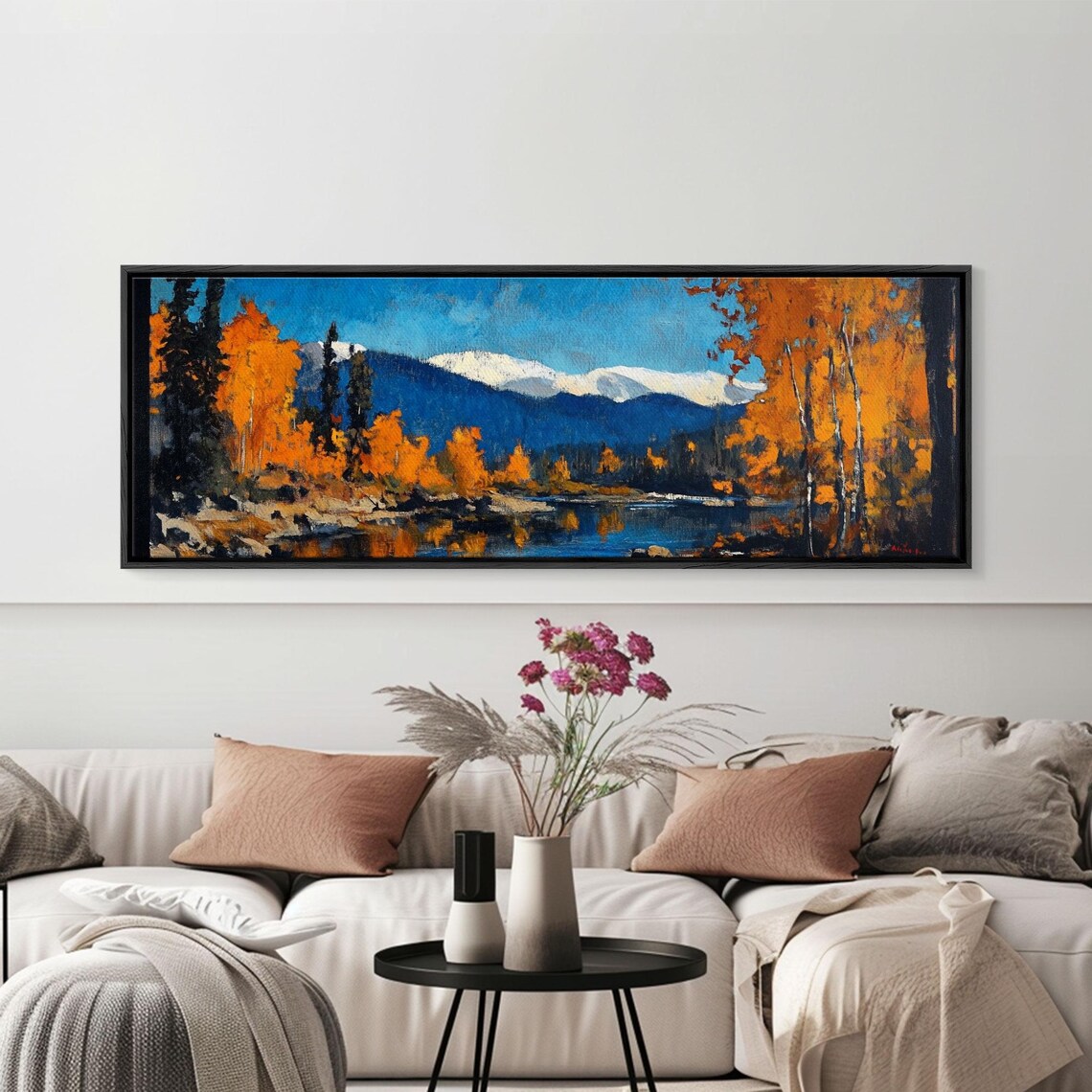 Autumn Aspen Grove Lake Blue Mountain Fall Painting Panoramic Art - Image 6